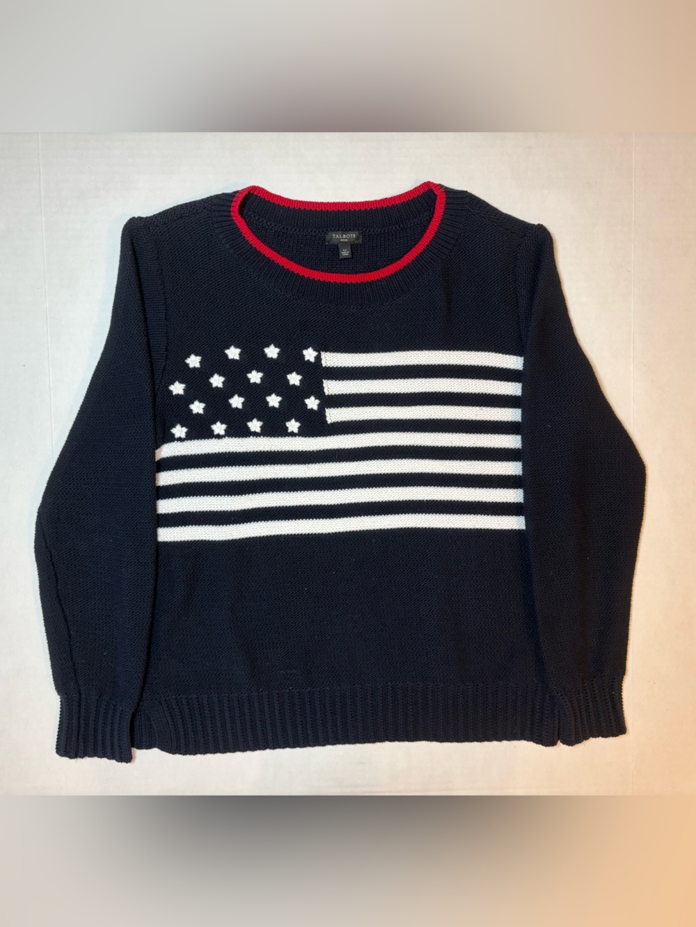 Talbots navy blue embroidered American flag crew neck sweater patriotic size PL